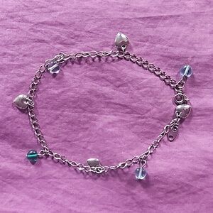 Silver Avon 9" anklet with dangly green, blue, & silver heart shaped beads